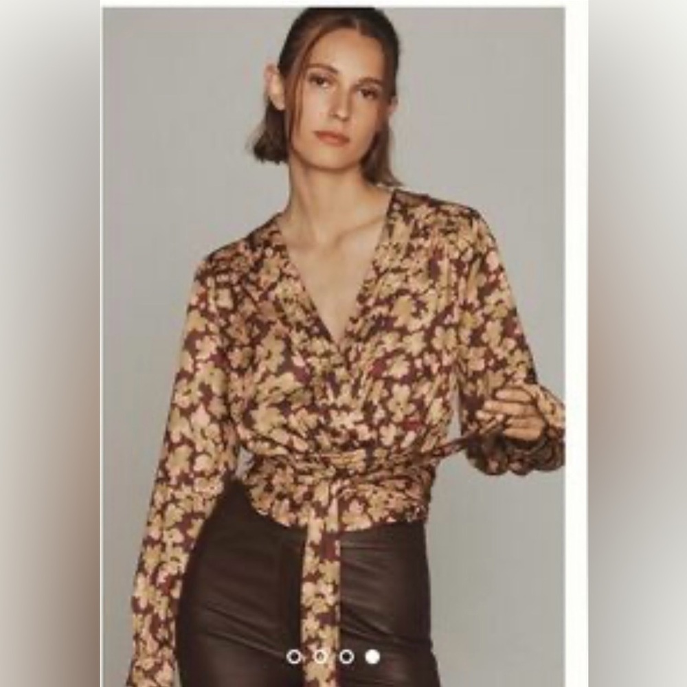 Anthropologie Floral Wrap Blouse NWT Large Brown Boho Romantic Top Silky - Picture 8 of 11